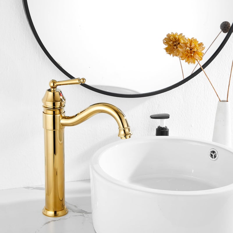 GGStudy Tall Body Single Handle One Hole Bathroom Vessel Sink Faucets Gold Finish with Pop Up Drian Without Overflow - Image 5